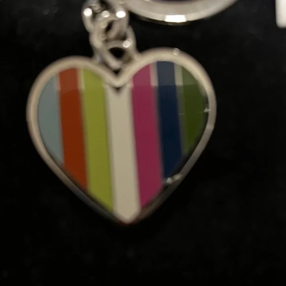 Coach Multi Legacy Stripe Heart Keychain Key Ring Fob MINT NWT and Pouch - Picture 3 of 5